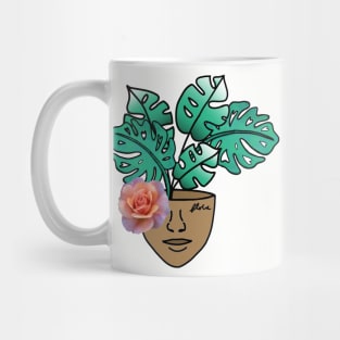 Surreal Monstera House Plant Person with Pink Rose Mug